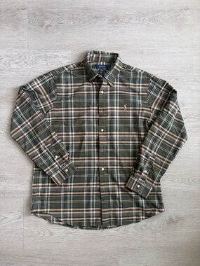 Ralph Lauren Men's Olive and Tan Plaid Button-Down Shirt
